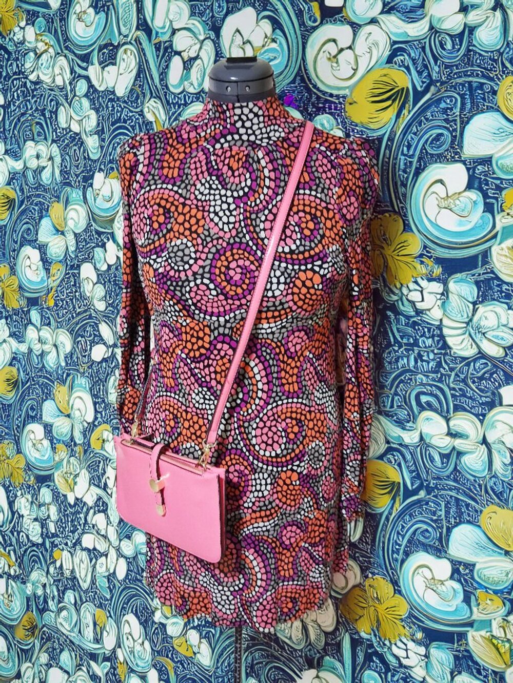 2 items - Multicolor Abstract Dot Tie-Neck Dress & Pink Crossbody Vintage Style
